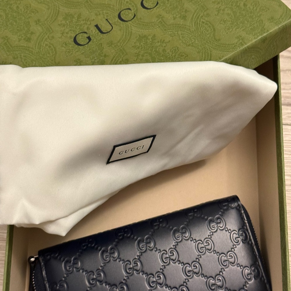 Gucci Dark Blue Embossed Leather Pouch